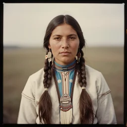 an analog 120mm film portrait of a Comanche woman mid-twenties, 1860, cinematic, long hair, glass plate photography, hq, detailed, realistic