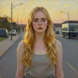 Elle Fanning as an Android, oil on canvas, golden hour, artstation, by Andrew Wyeth and Edward Hopper,