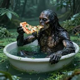the creature from the black lagoon taking a bath in radioactive waste and eating pizza realistic