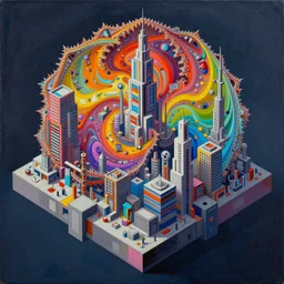 Hyperdetailed render of A beautiful painting of Fractal abstract painting of gigant beautiful fractal recursive cyberpunk city ruins on the square platform in. I can't believe how detailed this is. by greg rutkowski, Trending on artstation Taro card, cubism brutalism architecture. rainbow color scheme