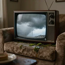 old television with storm clouds on the screen, water dripping, flooded 1 9 7 0 s apartment interior, couch, water damage, moss