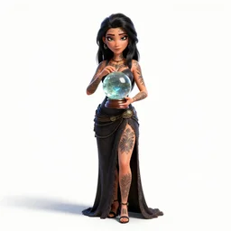 tattooed fortune teller with crystal ball, stylized pixar-style 3d render, full body, standing, isolated on a pure white background, centered, whole figure in frame, sharp focus, studio lighting