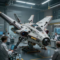 amazing, scientists creating an artificial alien highly detailed futuristic biomechanical thick quad wing combat spaceship constuction in a laboratory, 4 k, octane render, photorealistic, art by john collier and albert aublet and krenz cushart and artem demura and alphonse mucha,