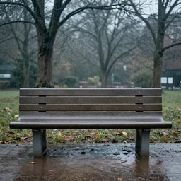 image of a large modern bench in the rain, the bench being the main focus, facing at the camera, 1 6 k resolution, raining, trees in the background, mid - winter, slightly zoomed out