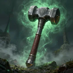 the cthulhu hammer, mystical greenish mist, lovecraftian features, fantasy item concept art, digital art by chris achilleos, detailed, sharp lighting, rpg rulebook illustration