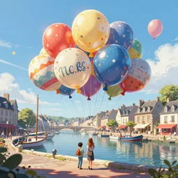 digital art of a port in bretagne with giant birthday balloons, artstation cgsociety masterpiece