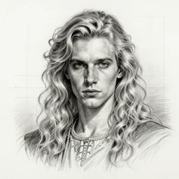 a beautiful hyperrealistic portrait pencil sketch from a picture, of a pale androgynous prince with stoic attitude by Peter Mohrbacher,technical drawing, long fluffy blond curly hair, blueprint diagram, trending on artstation.