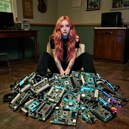 a pile of neon lit motherboards and computer parts covering Grimes sitting in a large vintage room