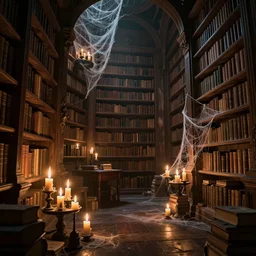 fantasy library with burning candles and cobwebs, digital art