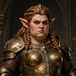 Portrait | chubby female dwarf queen | bronze dwarven breastplate | elaborated braided hair | style by greg rutkowski, wayne reynolds, jeff easley dramatic light | high detail | cinematic lighting | artstation | Regal and Proud robust woman| bold serious expression | dungeons and dragons |