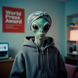 photography of a cool teenage humanoid alien wearing a turban with a big hoodie on in a 9 0 s room, kodachrome, film grain, iso 1 0 0, f 8, world press award