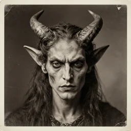 portrait of demon with horns, old vintage photography, damaged photo, film artifacts, scratches, tears, hyperrealistic, ultra detailed, 4 k