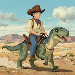 A cowboy riding a velociraptor in the desert, western, defined facial features, highly detailed, matte illustration, Makoto Shinkai and Studio Ghibli animated film still, by Ilya Kuvshinov and Alphonse Mucha