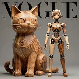 a giant wooden cat and a beautiful jointed wooden art doll, super dollfie, biopunk, solarpunk, mecha, feminine curves, wood and fur, surreal, dan mumford, beeple, fashion magazine, vogue, harper's bazaar art, id magazine, intricate, 8 k render in octane, sharp focus, ektachrome