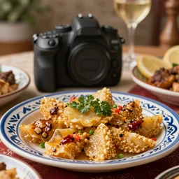 close - up focused dslr photograph of an tunisian dinner, 8 k, high detail, volumetric lighting, hyperrealism, aesthetically pleasing, studio lighting, trending