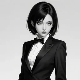 slim beautiful killer girl in tuxedo with short black hair, elegant, 2 d, au naturel, ultra highly detailed, digital painting, smooth, sharp focus, artstation, black and white art by tsutomu nihei, elegant, ultra highly detailed, digital painting, smooth, sharp focus, artstation, art by tsutomu nihei, stylized portrait