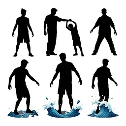 multiple silhouettes breaking the rules and breaking the waves, concept art, high contrast, on white, shadows