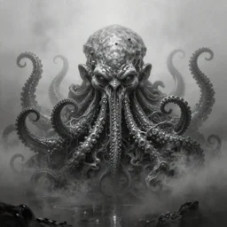 ultra realist soft painting of the head of Cthulhu barely visible in the fog, slimy tentacles, very intricate details, ultra dense fog, golden ratio, volumetric black and white lighting, reflections, refractions, symmetry accurate anatomy features, unreal render