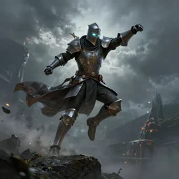 knight with glowing eyes jumping off a rock preparing to throw a punch, fantasy art