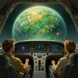 extremely detailed space cockpit, view of lush unknown planet, soft light, golden glow, jade green, diffuse lighting, fantasy, intricate, surrealism!!!!, highly detailed, lifelike, photorealistic, digital painting, artstation, illustration, concept art, smooth, sharp focus, by greg rutkowski, chris tulloch mccabe, valentina remenar and asher duran
