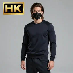 professional digital art of a young adult man with slightly long hair wearing a black face mask and a form-fitting dark sweatshirt with dark sweatpants, high quality, HD, 8K, highly detailed, award-winning, fantasy, aloof