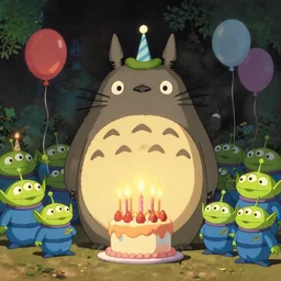 totoro's brithday party, aliens of the toy story say happy birthday, style of hayao miyazaki, cinematic light, warm, elegant