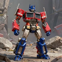 dynamic 3 d character portrait of optimus prime from transformers in robot mode standing in a rock quarry doing a henshin pose, rock quarry location, daytime, digital painting, concept art, ilm, substance painter, painted texture maps,