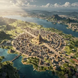 A game concept art of city map, near the lake, aztec temple in centre of city. Octane renderer, artstation