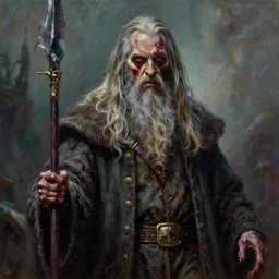 zombie gandalf, gritty, veins, blood, bone, horror oil painting masterpiece, very detailed, intricate, trending on artstation