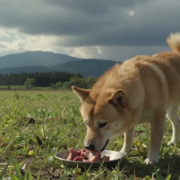 color video footage, a dog eating meat, japanese tv show.
