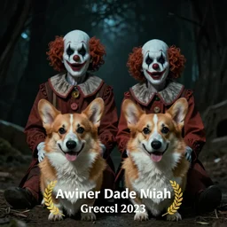 a film still of a horror movie featuring two corgi dogs, clown faces, humanoid body, spooky, photography, award - winning, eerie, 4 k