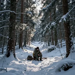 survival in a winter forest, cinematic, cold tone,
