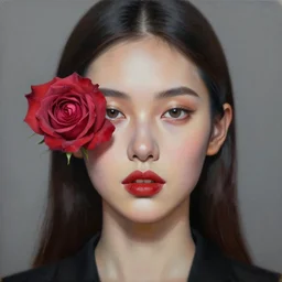 hyperrealism matte oil painting, fashion model portrait roses in eyes