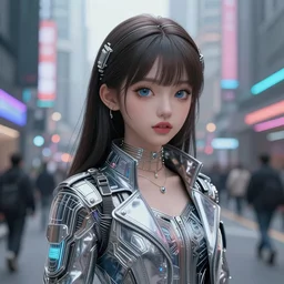 classy elegant sophisticated a cute dainty girl on the streets of cybercity, cyber future jacket, ultra detailed wire decoration, big eyes, small tiger tooth ， fantasy art by nixeu and guweiz and ilya kuvshinov, sleek curves, intricate sharp focus, trending on artstation hq, deviantart, pinterest, unreal engine 5, 4 k uhd image