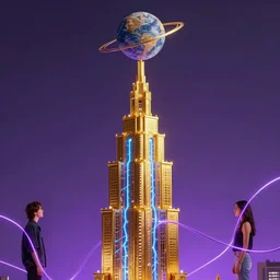 scrumptious golden tower with planet on the top, by wenjun lin, by artem chebokha, by alena aenami, by ian llanas, 4 k, cyber punk style, glowing blue veins, purple glowing wires