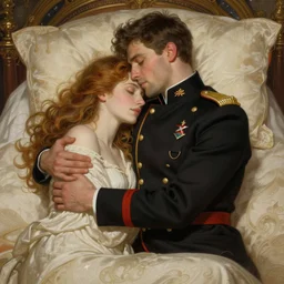 portrait of a man in dhl uniform hugging his wife in a bed, feelings, romantic, fantasy, intricate, elegant, highly detailed, digital painting, artstation, concept art, smooth, sharp focus, illustration, art by artgerm and greg rutkowski and alphonse mucha