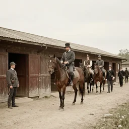 an image of a cavalry stable, in a medium full shot, russian and japanese mix, high - key lighting, warm lighting, overcast flat midday sunlight, a vintage historical fantasy 1 9 1 5 photo from life magazine.
