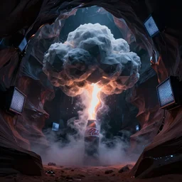 tiny thunder cloud inside a low - poly coca cola ice cavern, dark fluid simulation, dark scene illuminated by led screens, dark matter, johfra bosschart, spy kids aesthetic, uncanny, antelope canyon, high contrast, octane render, ray - tracing, specular highlights, volumetric fog, trending on artstation, 6 k, wallpaper