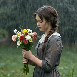 a girl holding flowers in the pouring rain, by manet