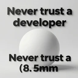 realistic still of meme with text saying never trust a developer, 8 5 mm, f. 1 4, beautiful composition