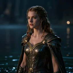 beautiful lady half body in water, beautiful night scene, artstation, king arthur story, super nice lighting, atmospheric perspective