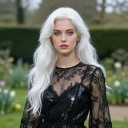 portrait of a woman wearing shiny black transparent lace dress in an english garden, english face, refined features, moon goddess, long snow - white hair by jean gerome, edward hopper and james jean, hyper detail, 8 k, high resolution, ultra detailed