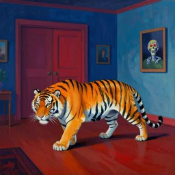 35mm photo glitched art painting of a pearlescent tiger carcass prowling in a nightmare room, solid colors, Flat color, Francis Bacon, Paul Lehr, Joao Ruas, photo realistic, 4k, triadic color scheme, volumetric lighting