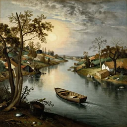 An intricate, extremely detailed painting in a style of Breughel featuring a river in Europe, surrounded by trees and fields. A dinghy is slowly moving through the water. Sun is shining.