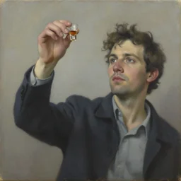 a french alcoholic person holding a shot in the air, by ross tran, oil on canvas