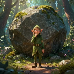confused elf in front of gigantic boulder standing on the trail in a magical forest, 4 k, digital art, stunning