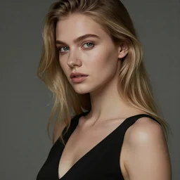 ultra detail, beautiful young woman, professionally retouched, blonde hair, black dress, moody, muted colors,
