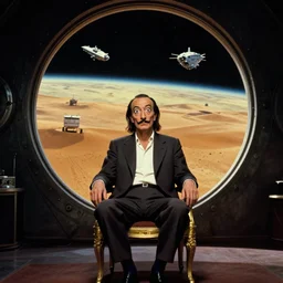 foreground : crazy magnificent salvador dali sits on a gold chair in a dark room | background : a huge porthole in which space, planet arrakis, and spaceships are visible | from the movie by alejandro jodorowsky with the cinematography of christopher doyle and art direction by hans giger, anamorphic lens, kodachrome, 8 k