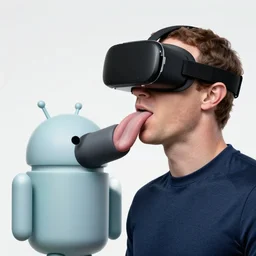 mark zuckerberg licking an android that is wearing a vr headset