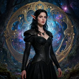 a anya taylor joy as dnd elf with black hair black dress as pathfinder in a nebula forest by greg rutkowski, high key lighting, volumetric light, digital art, highly detailed, fine detail, intricate, ornate, complex, octane render, unreal engine, photorealistic digital painting, artstation, concept art, sharp focus, art by greg rutkowski and alphonse mucha